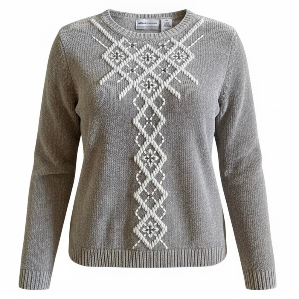 Alfred Dunner Embroidered Sweater Crew Neck Women PXL Gray Winter Embellished